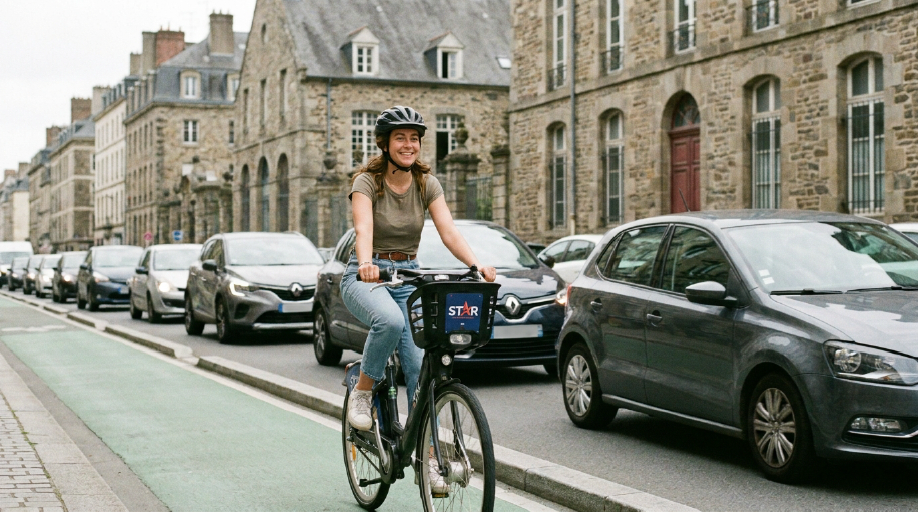 Cycliste utilisant un Vélo STAR dans le centre-ville de Rennes