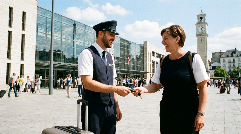Voiturier Arvin Care remettant les clés d’un véhicule à une cliente devant la gare de Rennes